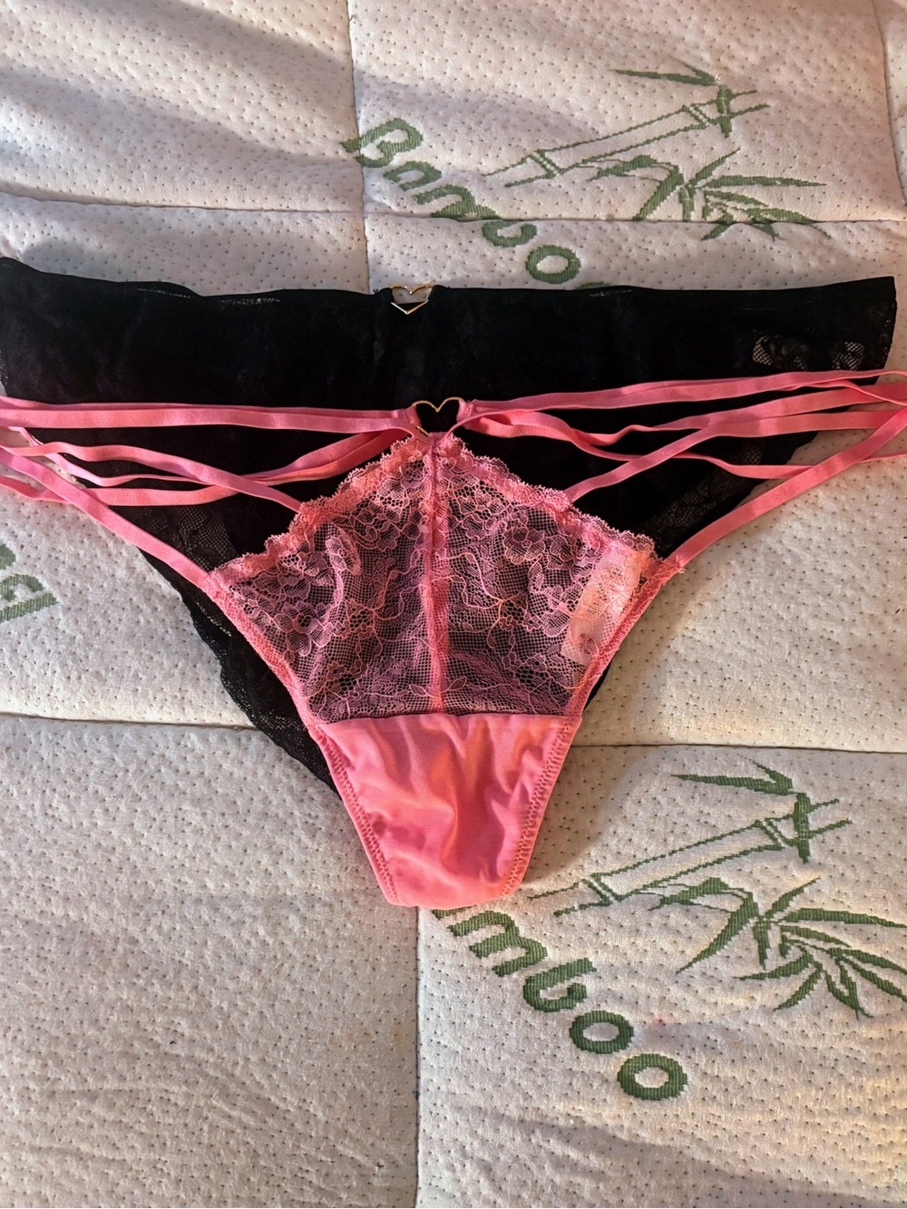 NWOT Adore Me Crotchless Pink and Black Lace Strappy Bikini Panty with Heart